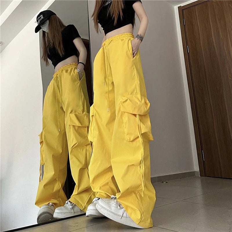 Zoki Harajuku Women Cargo Pants Streetwear Y2K Hip Hop Black Trousers Fashion High Waist Lace Up Female Loose Design Pants New