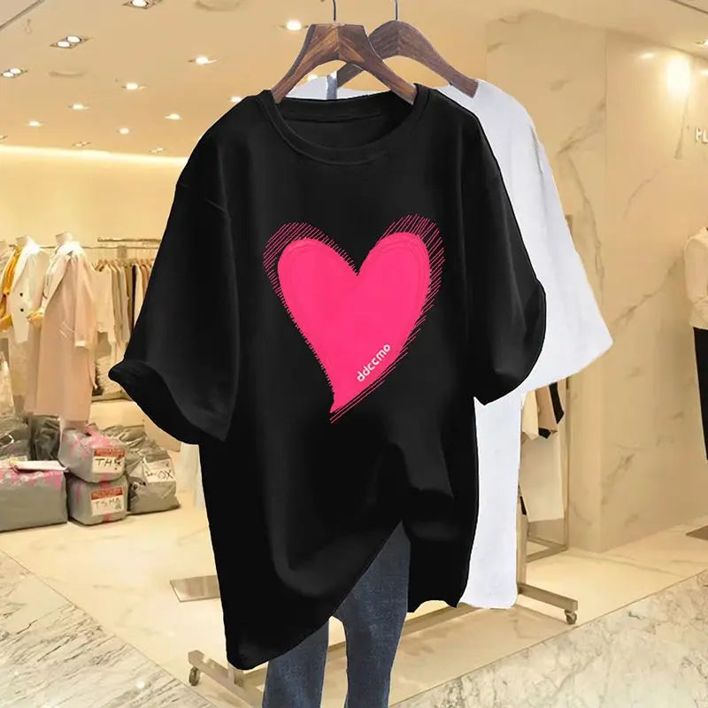 Women Clothing Pure Cotton O-neck Short Sleeve Tshirt Summer Casual Fashion Love Printing Basic Top Tee Oversized Pullover M-6XL