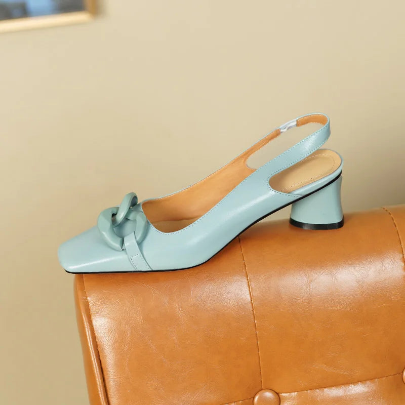 【JOCHEBED HU】new brand summer new style fashion women genuine personality leather buckle square toe thick heel shoes 34-43