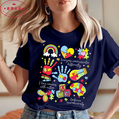 Women’s Shirts Everyone Communicates Differently Graphic Aesthetic Autism Printing Casual Shirt Tees Fashion Summer T-shirts