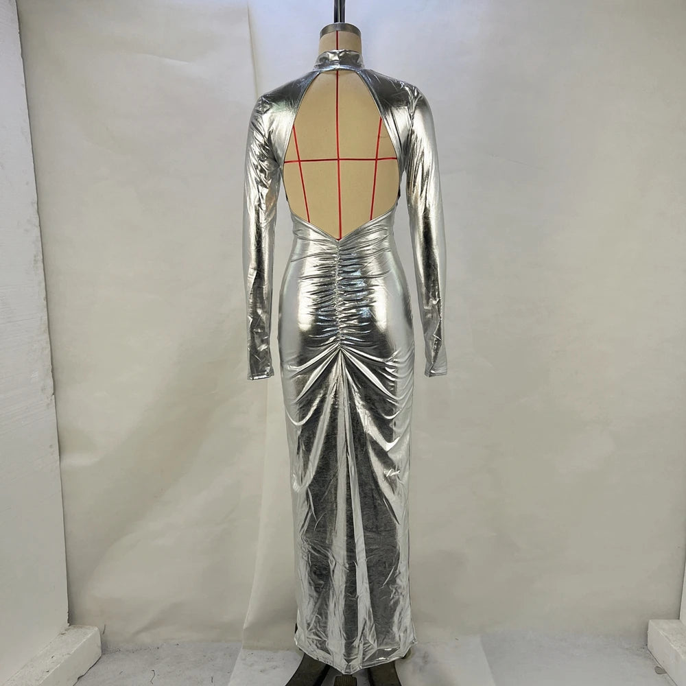 2024 Autumn And Winter New Fashionable Solid Color Metallic Sexy Bareback Tight Fit Slimming Dress for Women