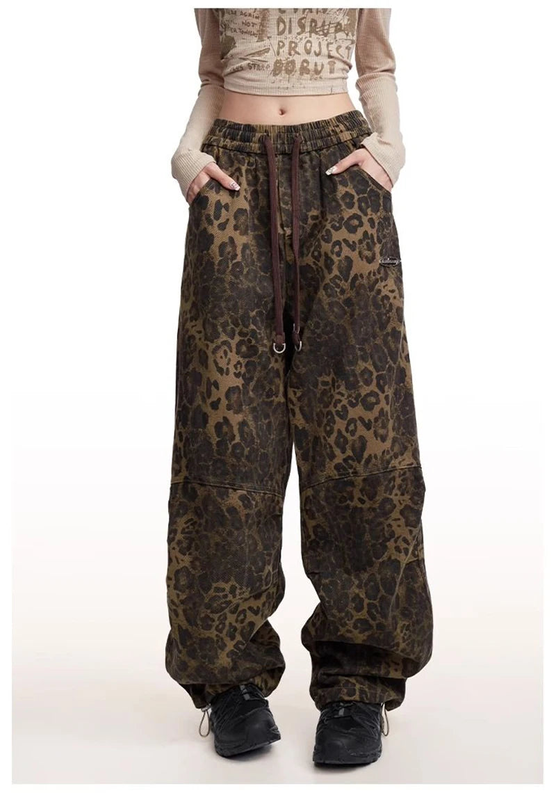 Jmprs Retro Leopard Cargo Pants Women High Waist Streetwear Y2K Trousers American Casual Loose Fall Bf Harajuku Sweatpants New