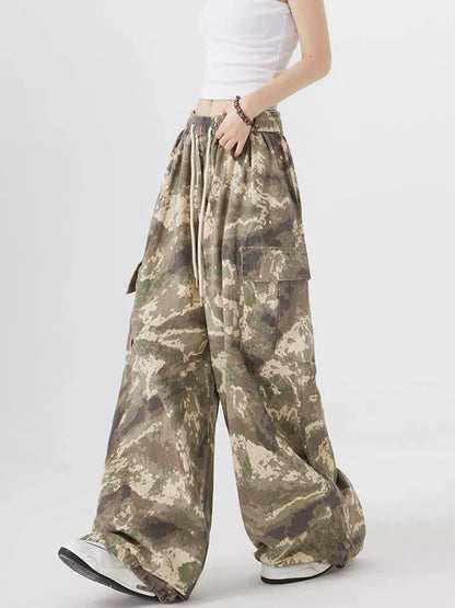 Zoki Streetwear Camouflage Cargo Pants Women High Waist Y2K Harajuku Wide Leg Trousers Vintage American Pockets Lace Up Pants