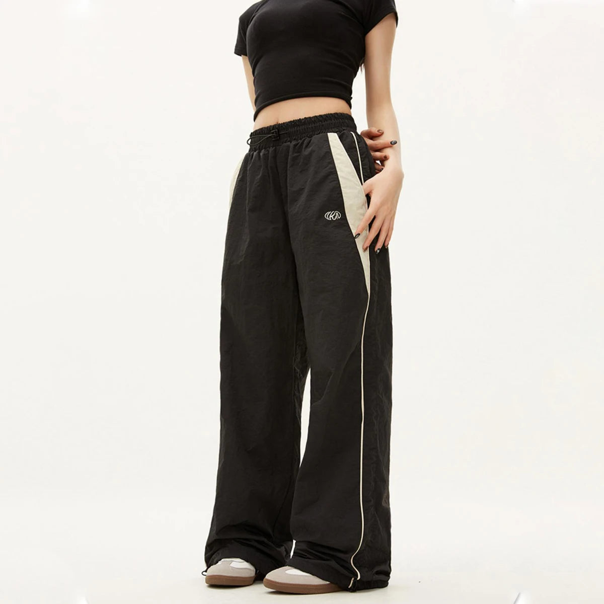 Women Casual Wide Leg Cargo Pants Drawstring Solid Streetwear Elastic Waist Sweatpants Loose Y2K Joggers Hip Hop Baggy Trousers