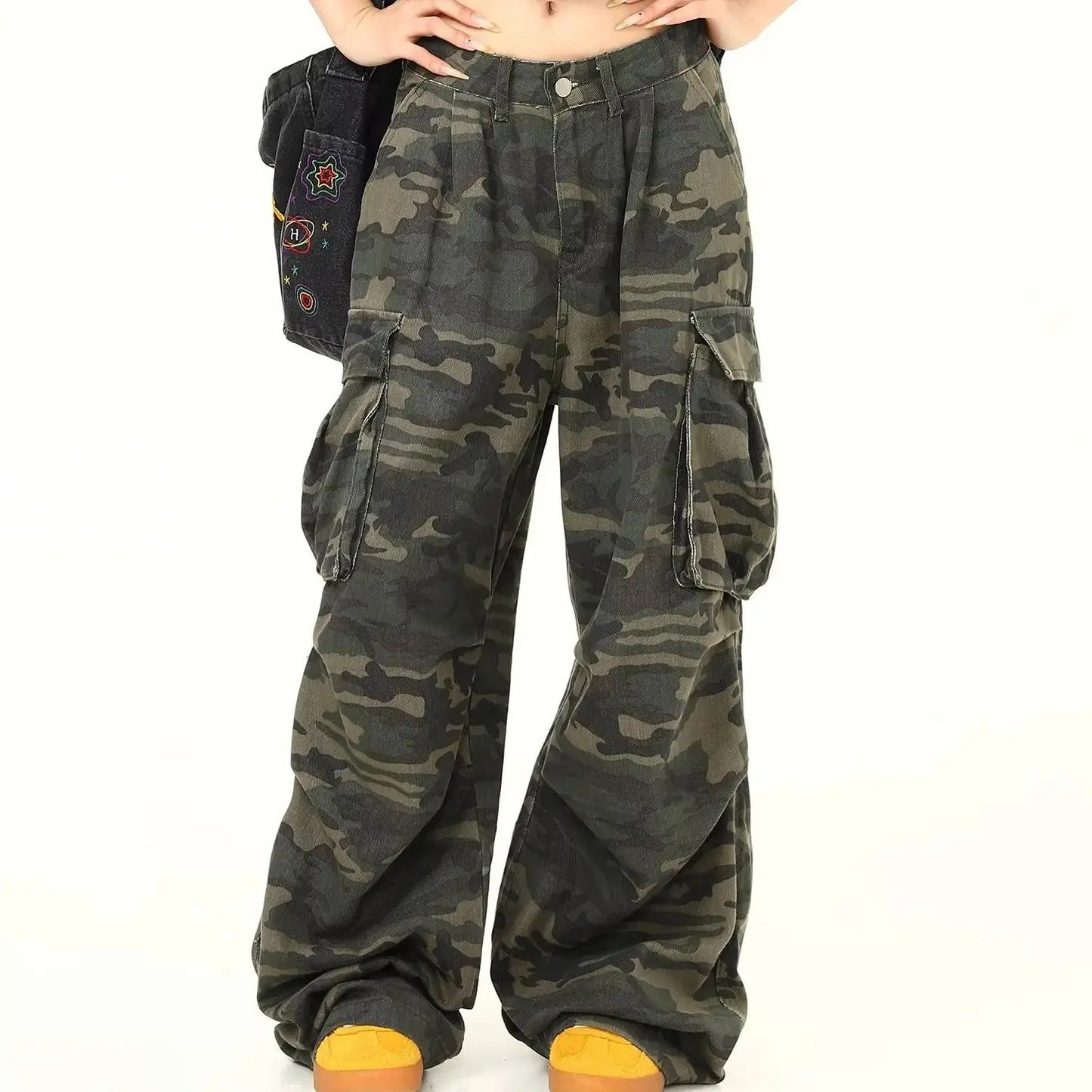 Camouflage Jeans Women Y2K Hip Hop Vintage High Waisted Jeans Straight Streetwear Casual Loose Large Size Wide Leg Denim Pants