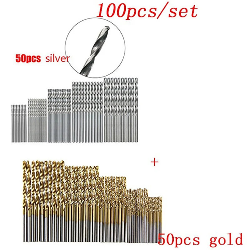 100/50Pcs Titanium Coated Drill Bits HSS High Speed Steel Set Tool Quality Power Tools 1/1.5/2/2.5/3mm