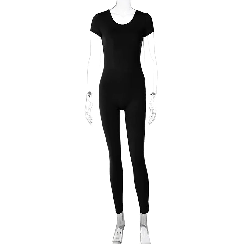 Hugcitar Solid Short Sleeve Backless Sexy Bodycon Skinny One Piece Jumpsuit 2024 Summer Women Casual Romper Y2K Streetwear Club