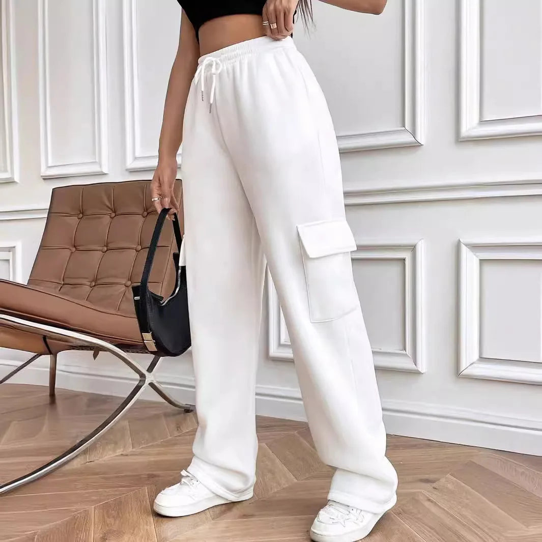 Women Gery Straight Leg Guard Pants Pockets Casual Elastic Waist With Drawstring 2024 Autumn Spring Black Trousers  Pantalon