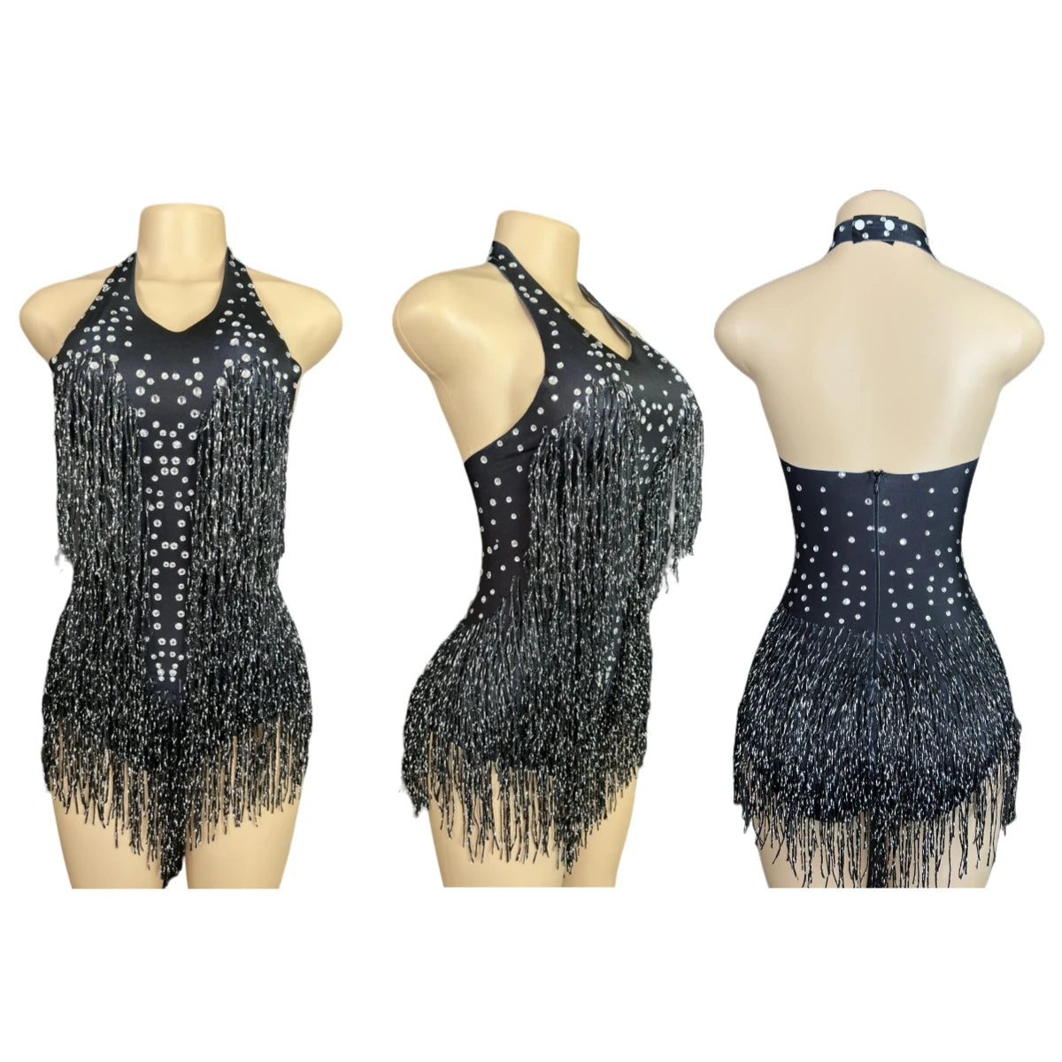 Sparkly Rhinestones Fringe Bodysuit WomenVightclub Party Dance Costume Stage Wear SexyTassel Leotard Performance Clothing 7G