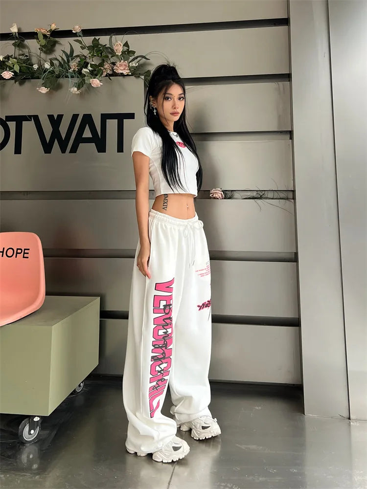 New Y2K Streetwear White Track Pants Women Harajuku Hippie Wide Leg Sweatpants Oversize Quick Dry Printed Joggers Trousers