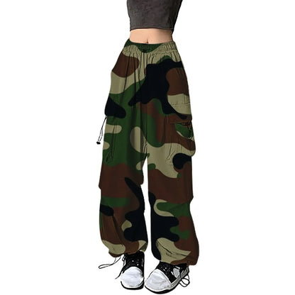 Womens Baggy Cargo Camo Print Pants Streetwear Hip Hop Joggers Sweatpants Drawstring Casual Loose Wide Leg Womens Sports Pants