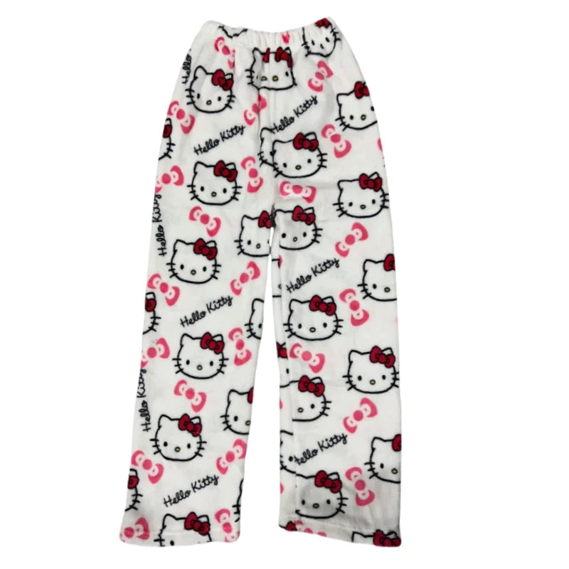 Kawaii Hello Kitty Pajamas Black Anime Flannel Women Warm Woolen Whitecartoon Casual Home Pants Autumn Fashion Trousers Gifts