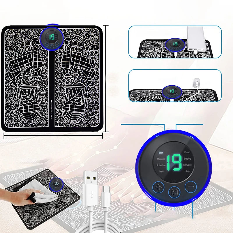 Foot Massger Sole Massage Pad Feet Muscle Stimulation 8 Modes 19 Level Relaxation USB Charging