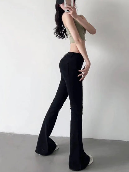 2022 Spring Autumn Sexy Low Waist Floor Length Burr Cuff Flare Jeans Women Vintage Stretch Denim Pants Streetwear Long Trousers