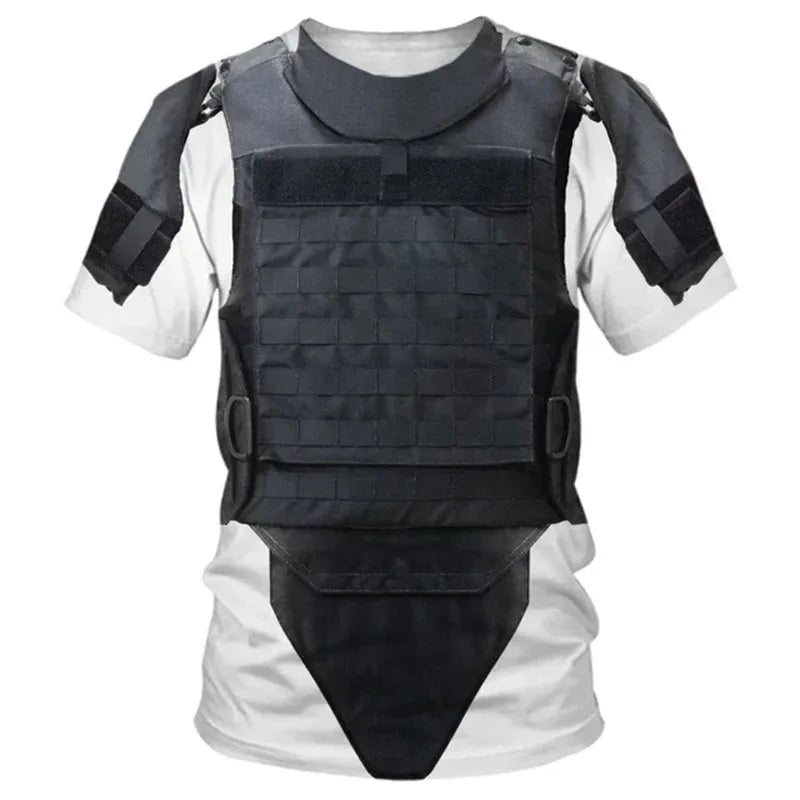 Summer Fashion Men's Bulletproof Vest 3D Print T Shirt Casual Short Sleeve Round Neck Tops Cosplay Personality Oversized Tees