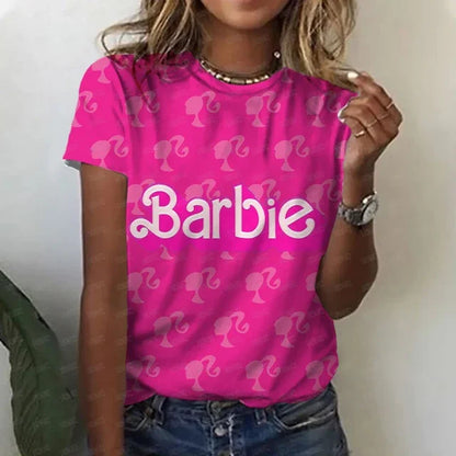 2024 Miniso Barbie Hot Print Student Casual Loose Short Sleeve Summer Crew Neck Breathable T Shirt Fashion Women Top