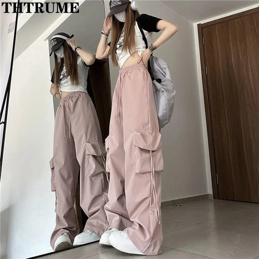 Retro Vintage High Street Baggy Pants Fashion Women Oversized Drawstring Pocket New Pant Casual Streetwear Loose Jogger Trousers