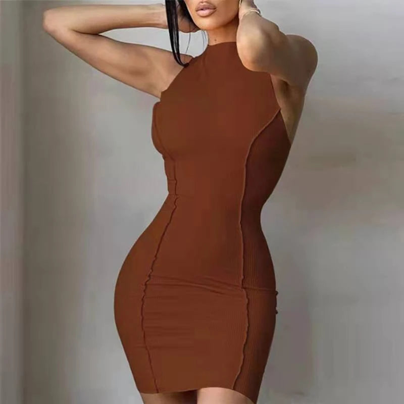 Women Summer Sexy Slim Wrap Hip Dress Solid Patchwork O-neck Sleeveless Mini Dresses INS Fashion High Street Sheath Vestidos