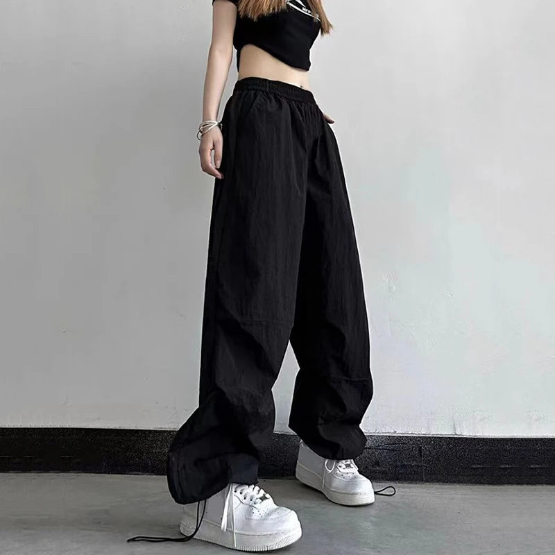 Rimocy High Waist Summer Cargo Pants Women Streetwear Drawstring Thin Parachute Pants Woman Solid Color Wide Leg Y2k Trouses