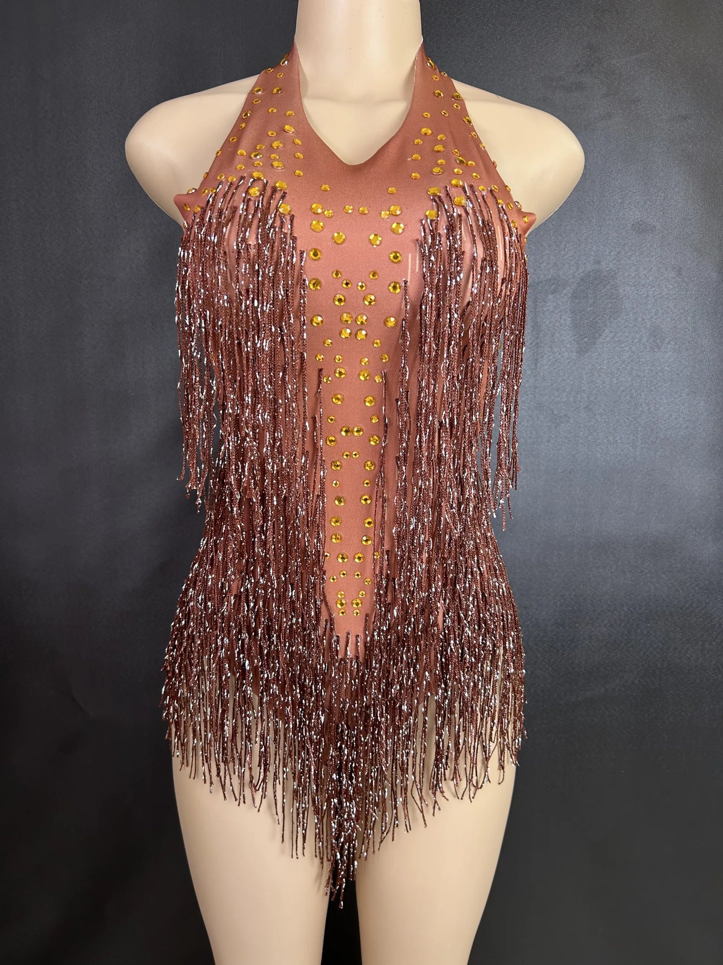 Sparkly Rhinestones Fringe Bodysuit WomenVightclub Party Dance Costume Stage Wear SexyTassel Leotard Performance Clothing 7G