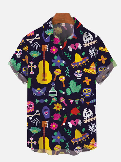 2024 Fashion Men's Hawaiian shirts Mexican Style Colorful Graffiti Art Poster Prints Short Sleeve Shirt  Hawaii style clothing