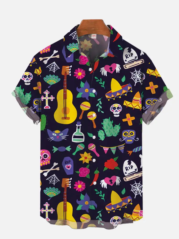 2024 Fashion Men's Hawaiian shirts Mexican Style Colorful Graffiti Art Poster Prints Short Sleeve Shirt  Hawaii style clothing