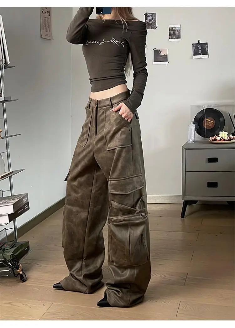 Deeptown Y2k Baggy Leather Cargo Pants Women America High Street Casual Trashy Wide Leg Trousers 2000s Harajuku Pantalones