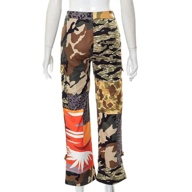 Puss Camouflage Cargo Pants Y2K New Women Pocket Zipper High Waist Patchwork Casual Trousers street hipster wild bottoms