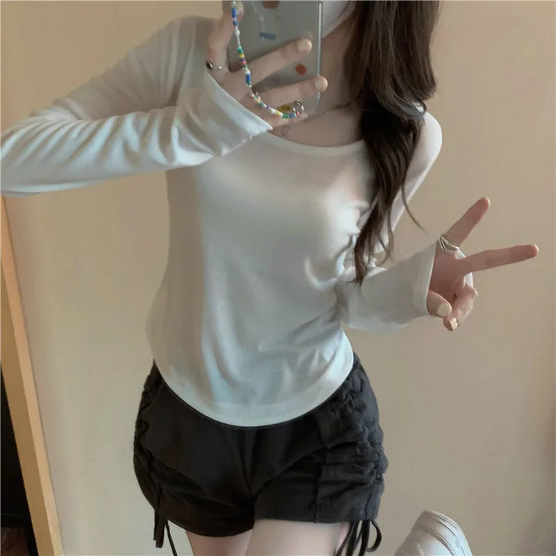 Custom LOGO Long Sleeve T-Shirt Autumn/Winter New Irregular Slim Student Top Girl Spice Base Shirt