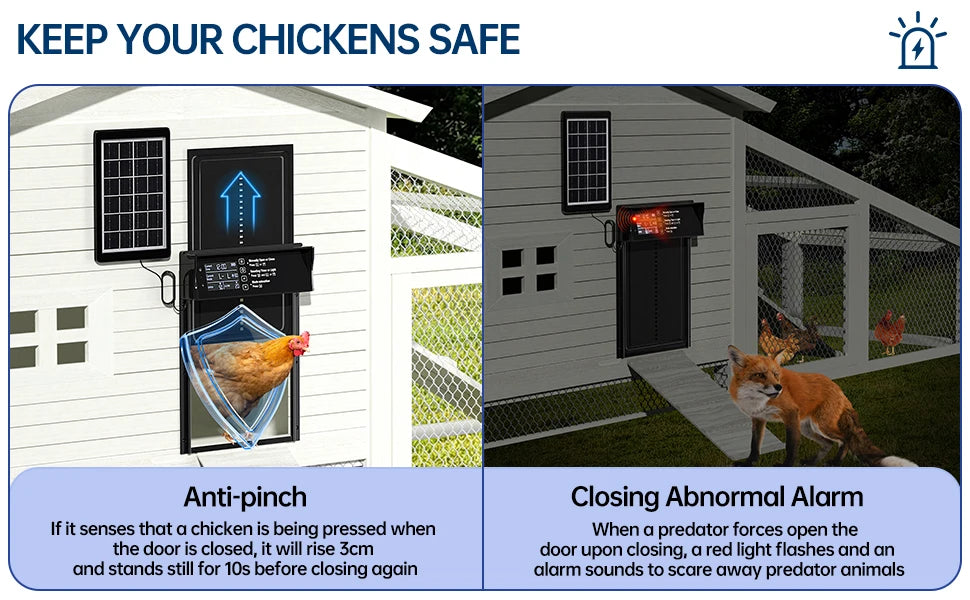 Solar Chicken Coop Door, Automatic Chicken Door Solar Powered & USB Charging, Auto Chicken Door 4 Modes with Timer & Light Senso