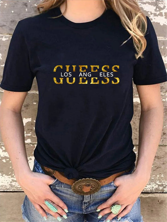 Women's T-shirt 100% pure cotton summer casual loose fashion GUESS Los Angeles letter printed round neck short sleeved T-shirt