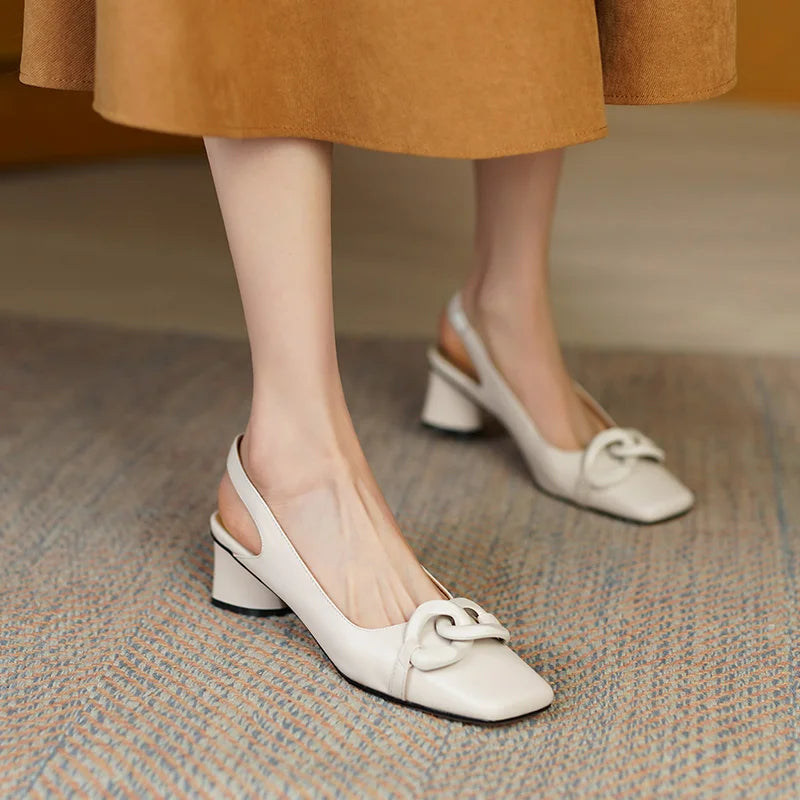 【JOCHEBED HU】new brand summer new style fashion women genuine personality leather buckle square toe thick heel shoes 34-43