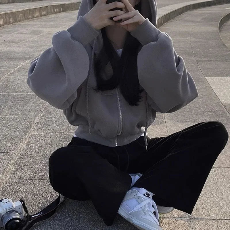 2023 Autumn/Winter New Fleece-Lined Versatile Fashion Cropped Slim Zippered Warm Solid Color Hooded Sweatshirt For Women