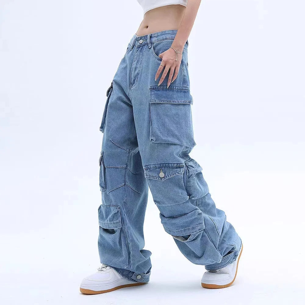 2023 American style retro street camouflage overalls women's hip-hop fried street wide-leg casual pants high street ins tide Y2K