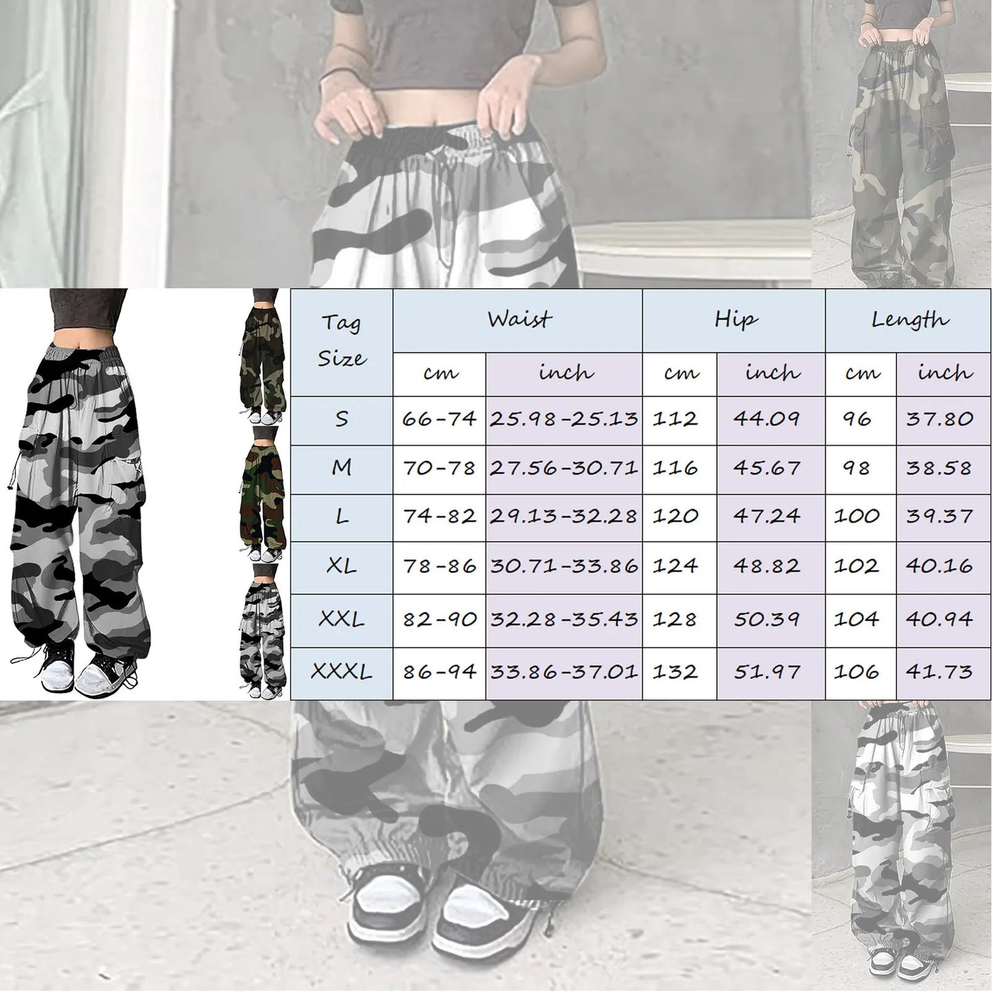 Womens Camo Print Baggy Cargo Pants Streetwear Hip Hop Joggers Sweatpants For Women Loose Fit Drawstring Casual Loose Pants