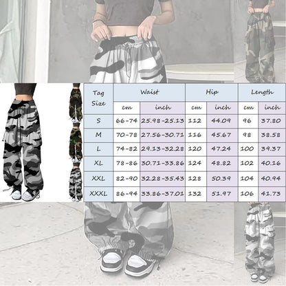 Womens Camo Print Baggy Cargo Pants Streetwear Hip Hop Joggers Sweatpants For Women Loose Fit Drawstring Casual Loose Pants