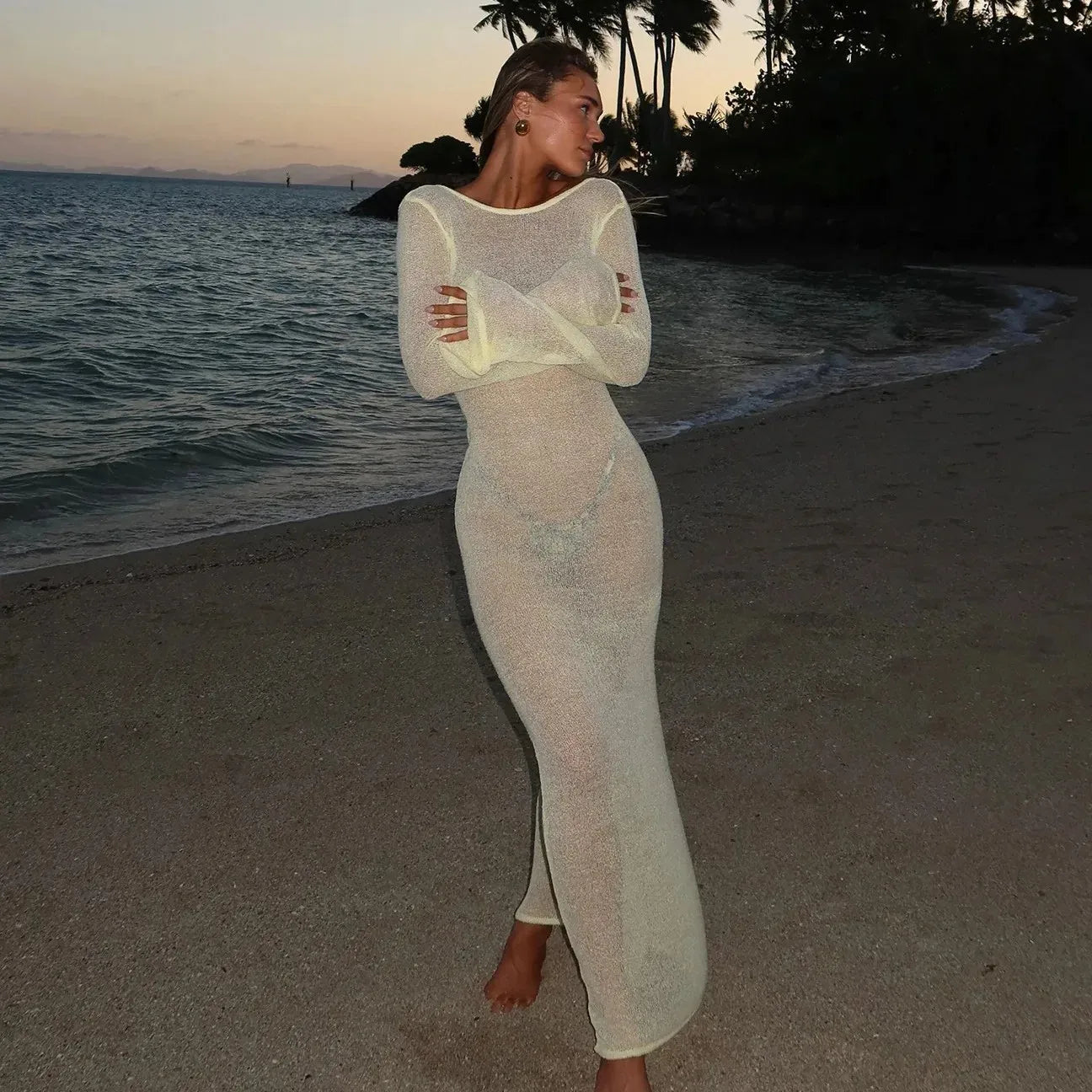 Sexy Transparent Open-Back Knit Dress Two-Way Wear Long Dress For Women Beach Vacation Spring Summer 2025 New Arrival