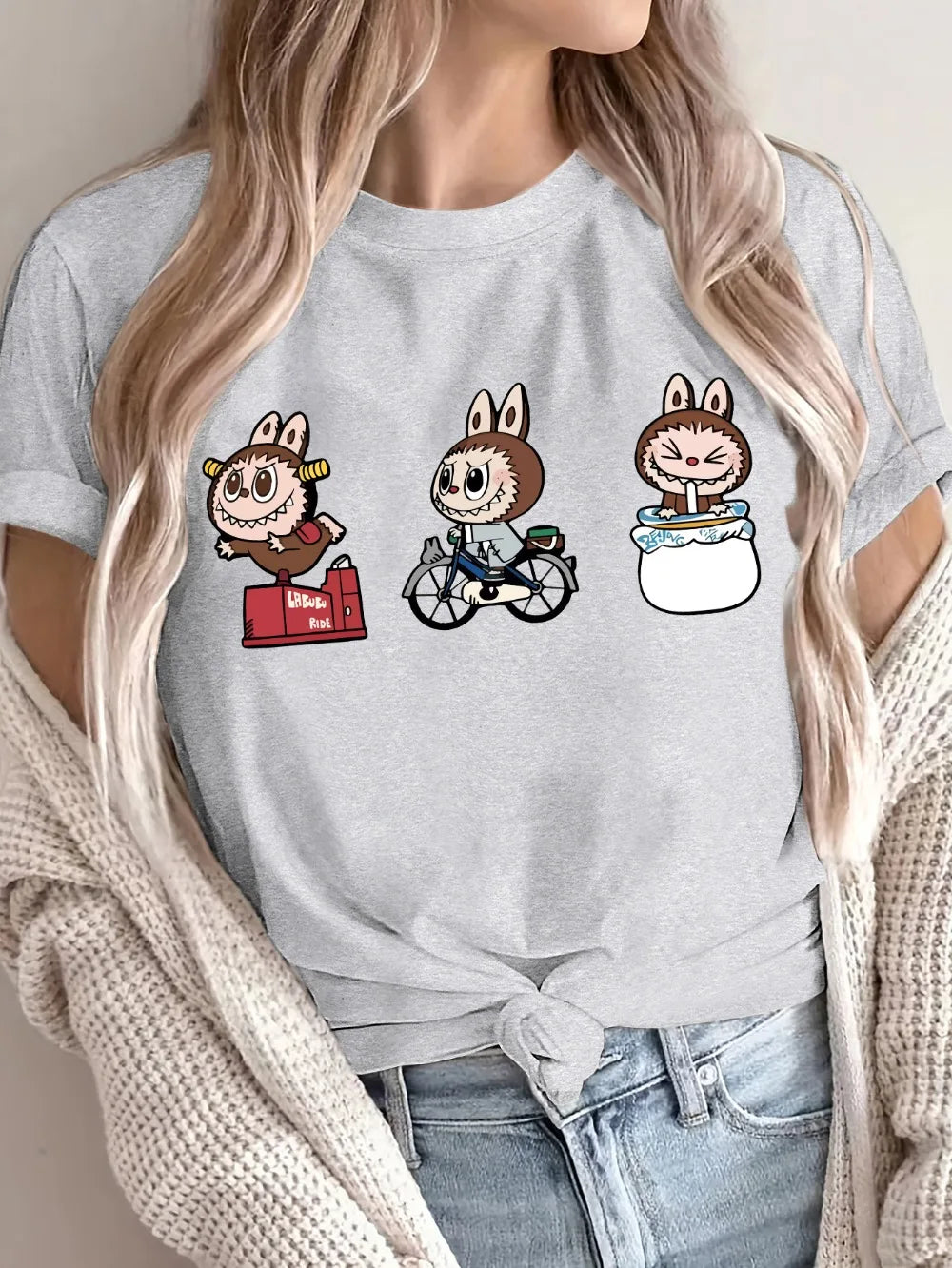 Women's Vibrant Green Cartoon Print T-Shirt Casual Sporty Style, Short Sleeves, Perfect for Spring & Summer, Labubu Pattern
