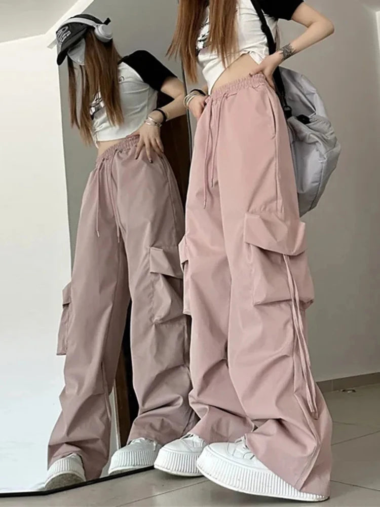 Zoki Harajuku Women Cargo Pants Streetwear Y2K Hip Hop Black Trousers Fashion High Waist Lace Up Female Loose Design Pants New