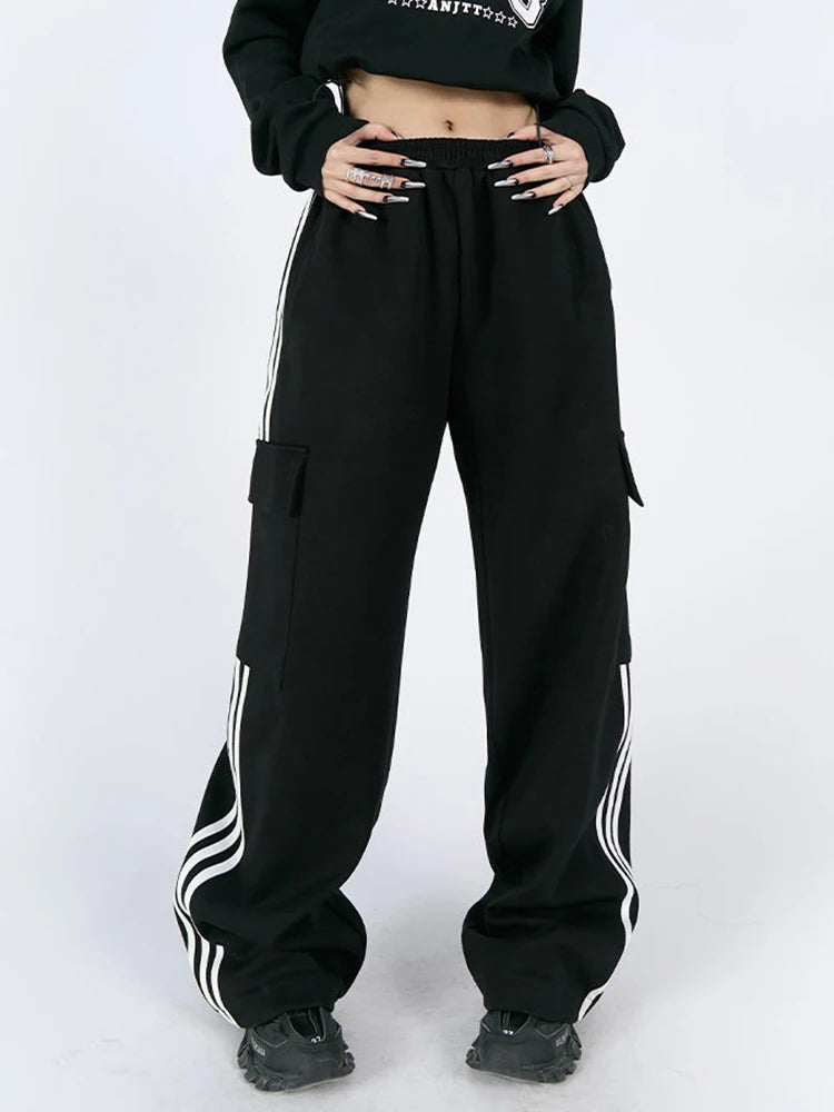 Jmprs Striped Women Cargo Pants American Style High Waist Fashion Y2K Streetwear Loose Wide Leg Pants Female Hip Hop Sweatpants