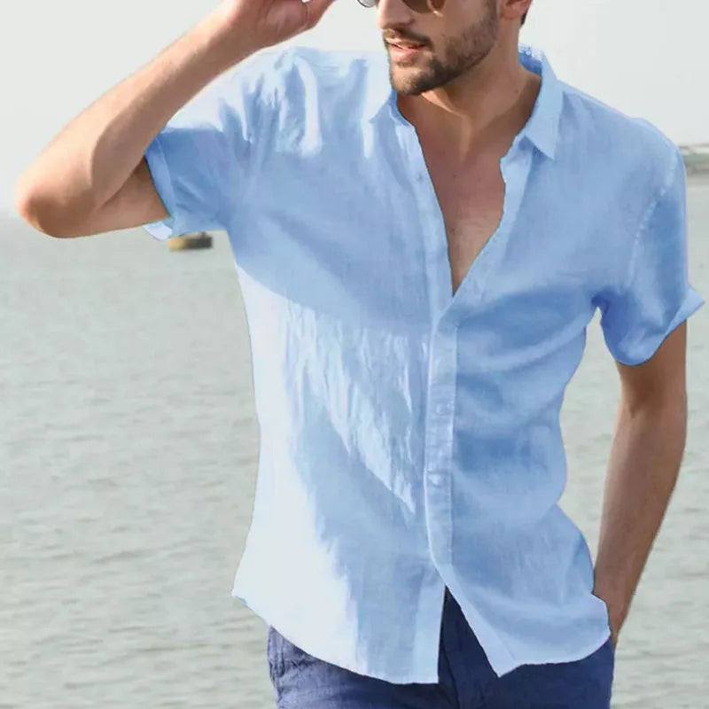 Summer Cotton Linen Shirts For Men Casual Short Sleeved Shirts Blouses Solid Turn-Down Collar Formal Beach Shirts Male Clothing