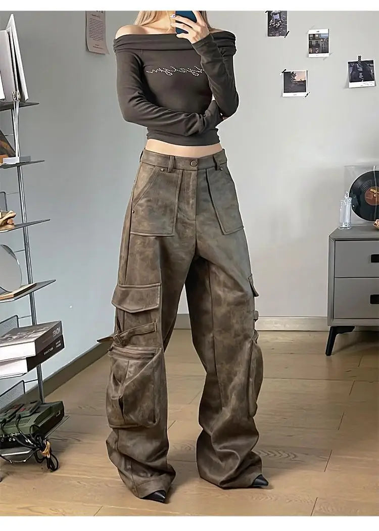 Deeptown Y2k Baggy Leather Cargo Pants Women America High Street Casual Trashy Wide Leg Trousers 2000s Harajuku Pantalones