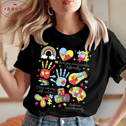 Women’s Shirts Everyone Communicates Differently Graphic Aesthetic Autism Printing Casual Shirt Tees Fashion Summer T-shirts