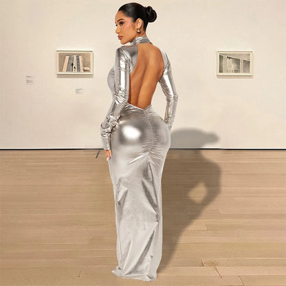 2024 Autumn And Winter New Fashionable Solid Color Metallic Sexy Bareback Tight Fit Slimming Dress for Women