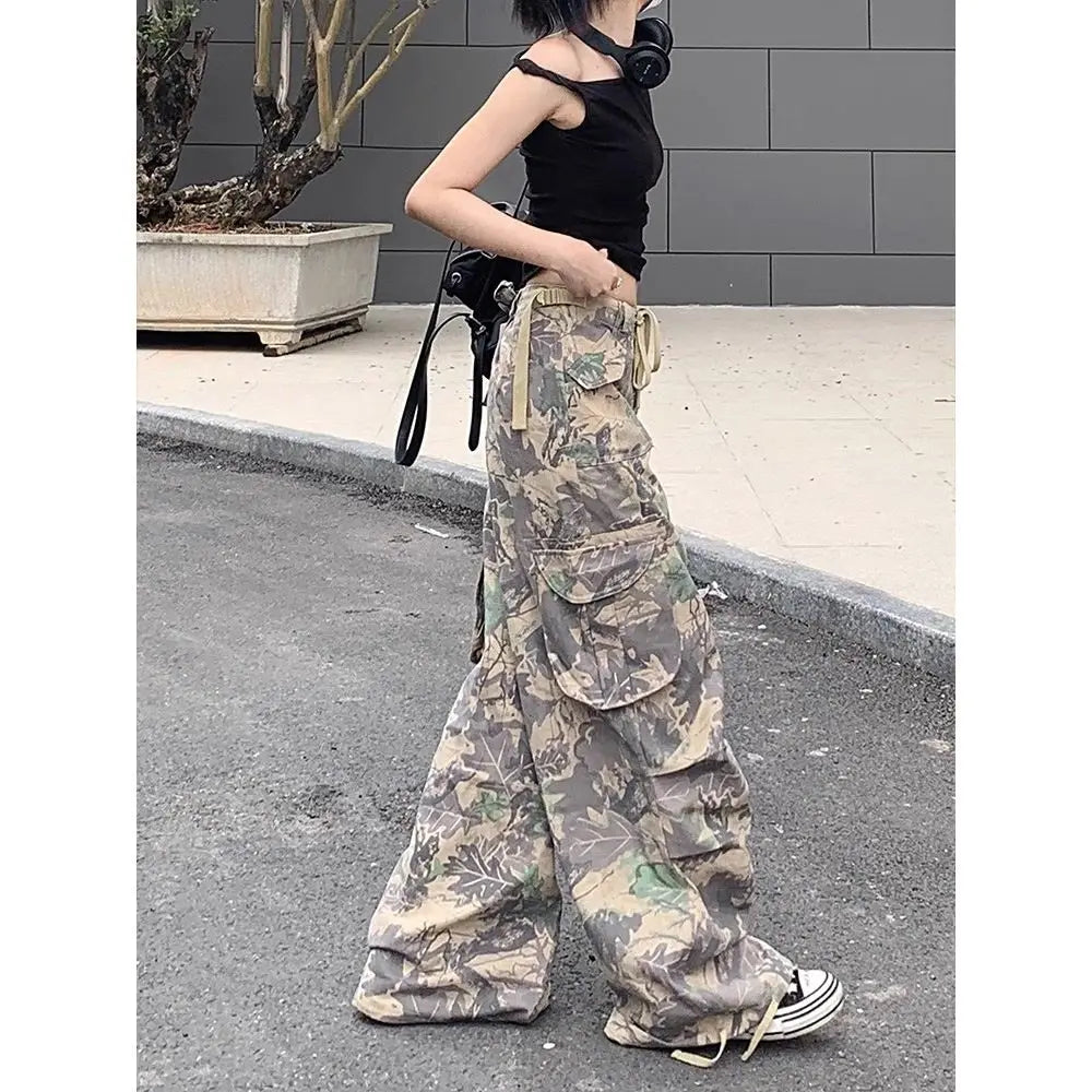 Retro trendy brand camouflage women work pants ins sweet and cool style high street clothing wide leg long pants with bound feet