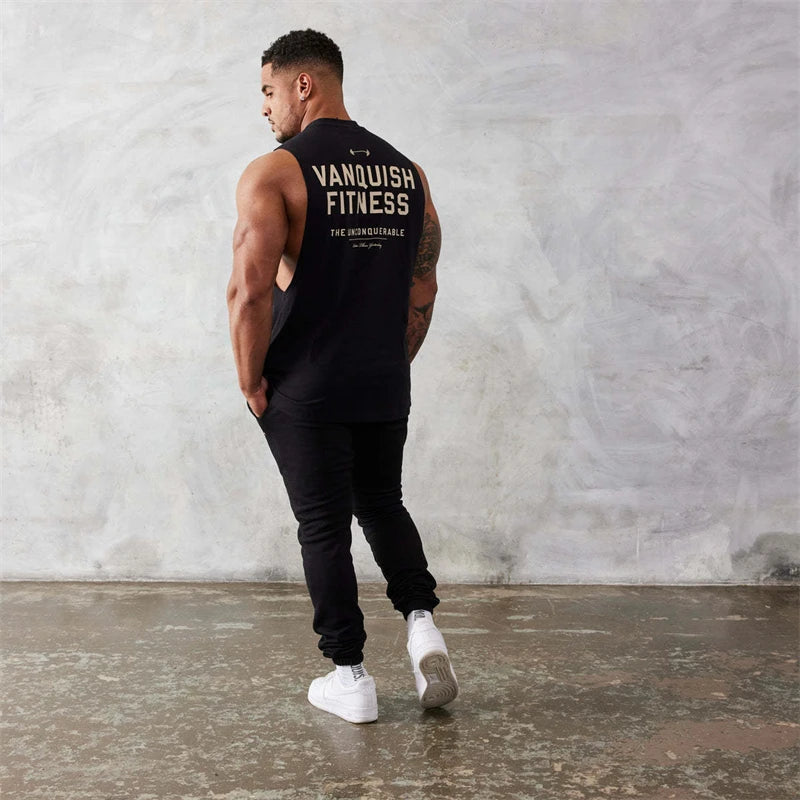 Gym exercise fitness sports men's vest cotton wide shoulder round neck sleeveless shirt slim casual men's wear