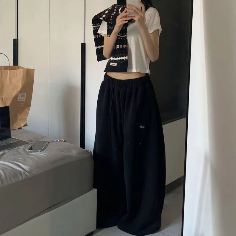 Oversize Cotton Woman Black Sweatpants Y2K Korean Streetwear Loose Casual Jogger Pants High Waist All Match Drawstring Trousers