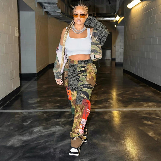 Puss Camouflage Cargo Pants Y2K New Women Pocket Zipper High Waist Patchwork Casual Trousers street hipster wild bottoms