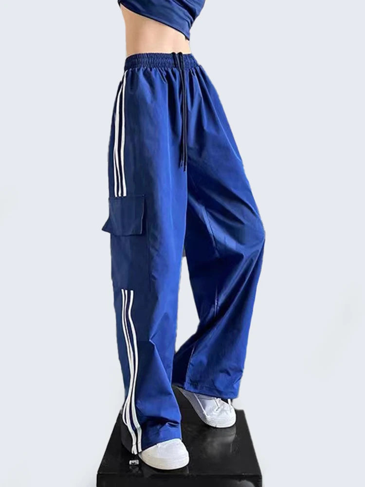 Jmprs Striped Women Cargo Pants American Style High Waist Fashion Y2K Streetwear Loose Wide Leg Pants Female Hip Hop Sweatpants