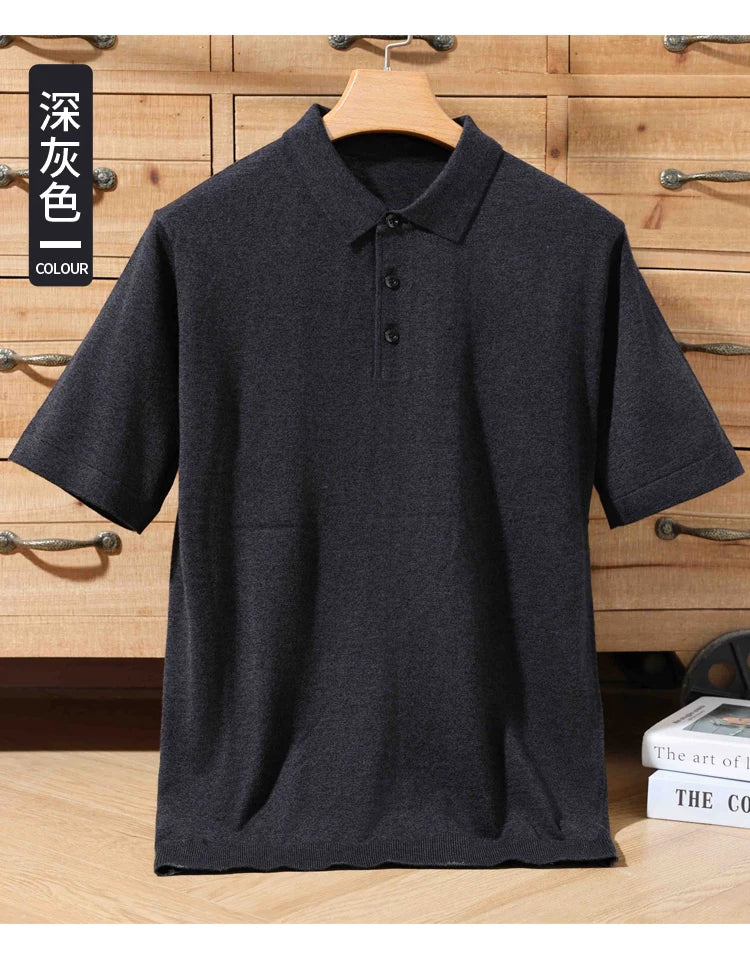 Summer 100% merino wool men's lapel pullover short sleeve POLO neck sweater loose top business casual knit T-shirt